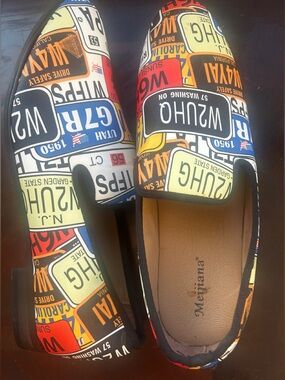Men's Slip-On Loafers with Multicolor License-Plate Print